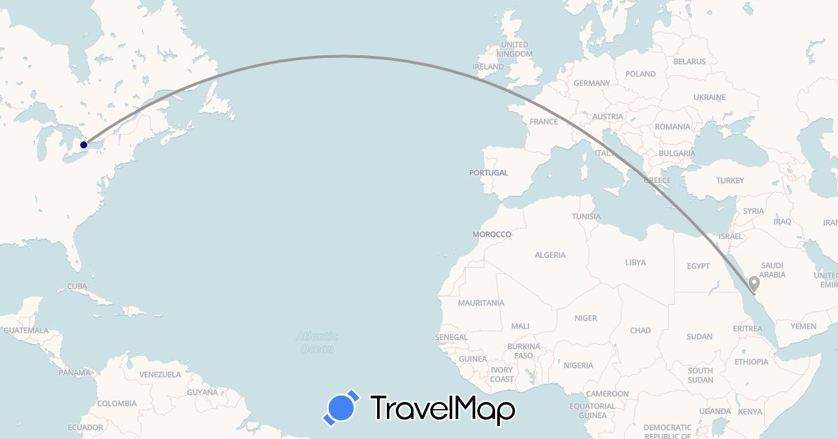 TravelMap itinerary: driving, plane in Canada, Egypt, Saudi Arabia (Africa, Asia, North America)